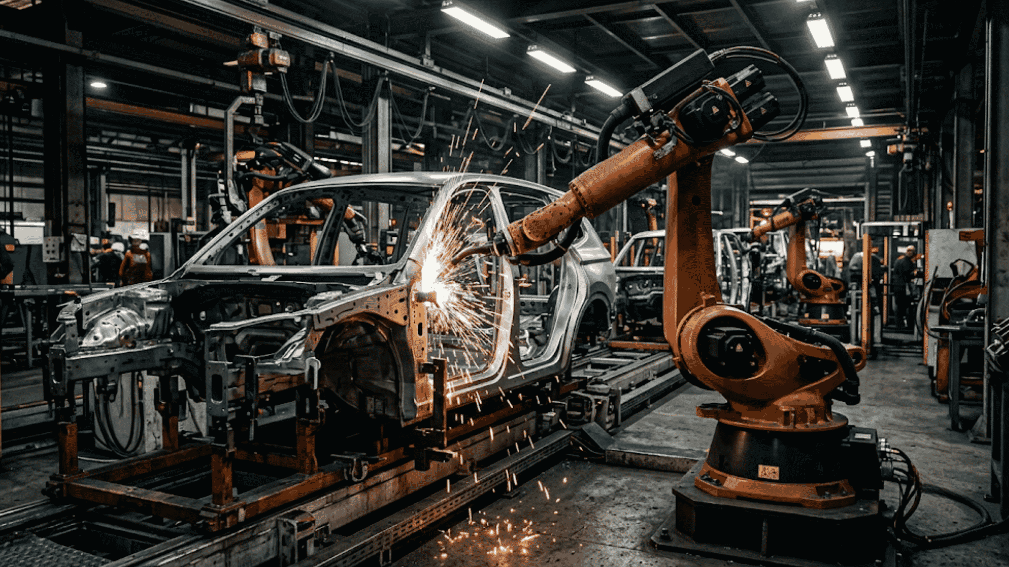 A six-axis articulated robot arm welding a car body frame on an automotive assembly line