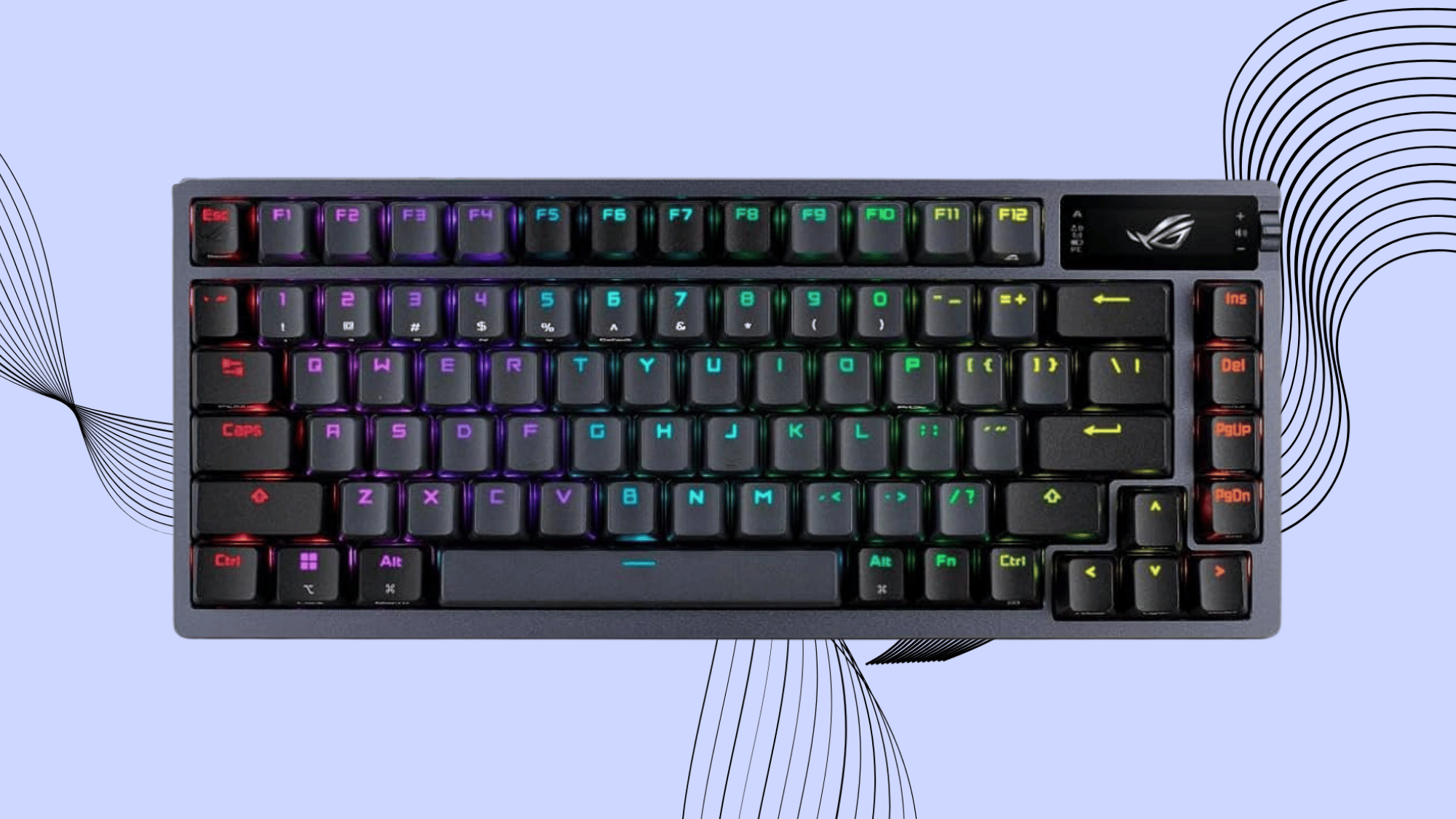 Compact ASUS ROG mechanical keyboard with RGB backlighting and black keycaps on an abstract background.