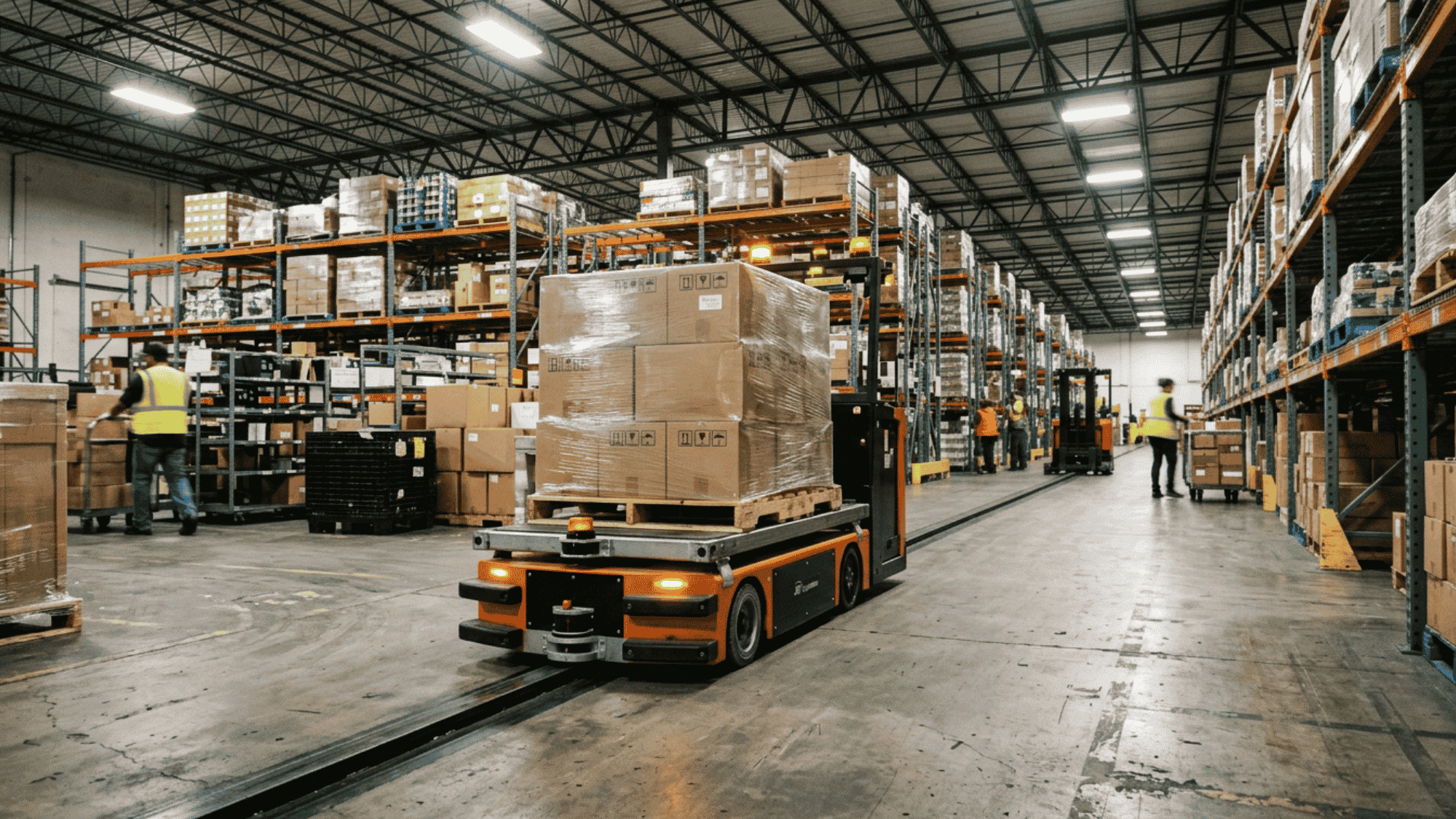 An automated guided vehicle transporting a loaded pallet along a fixed track through a warehouse aisle