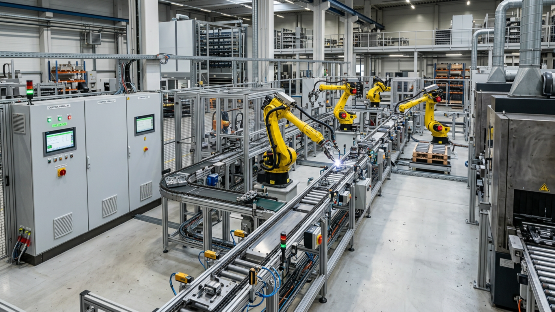 Automated production line with robotic equipment, conveyors, sensors, and industrial control systems operating efficiently