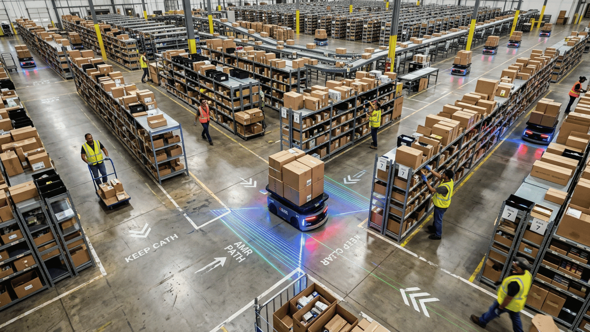 An autonomous mobile robot navigating through a fulfillment center with laser sensors active around workers