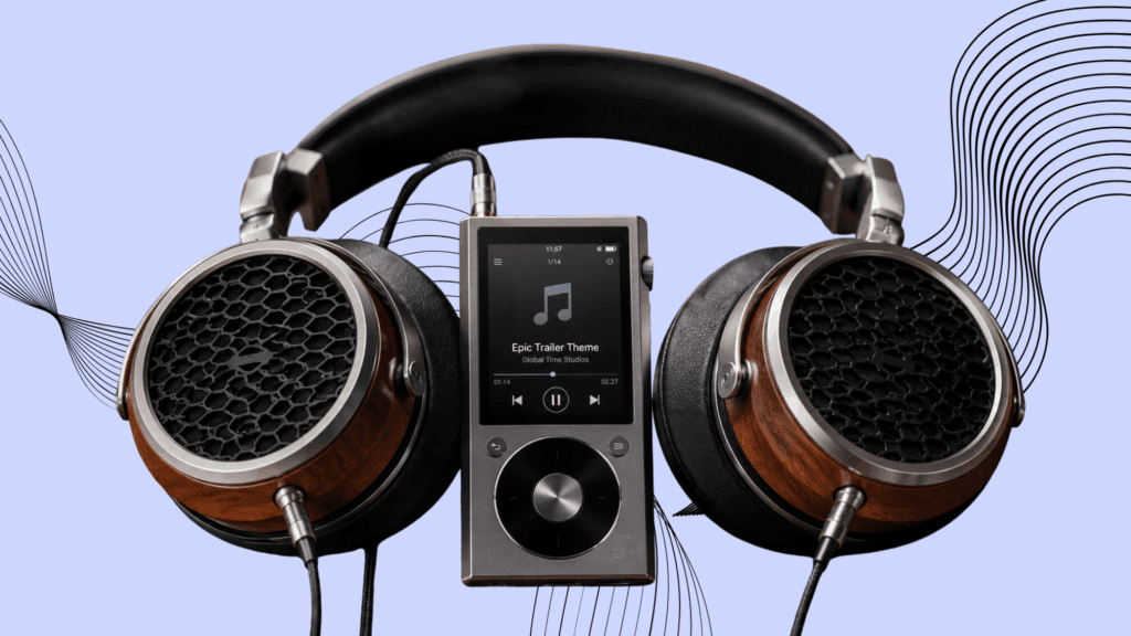 Close-up of premium audiophile headphones and a portable music player with wood accents on a clean backdrop.