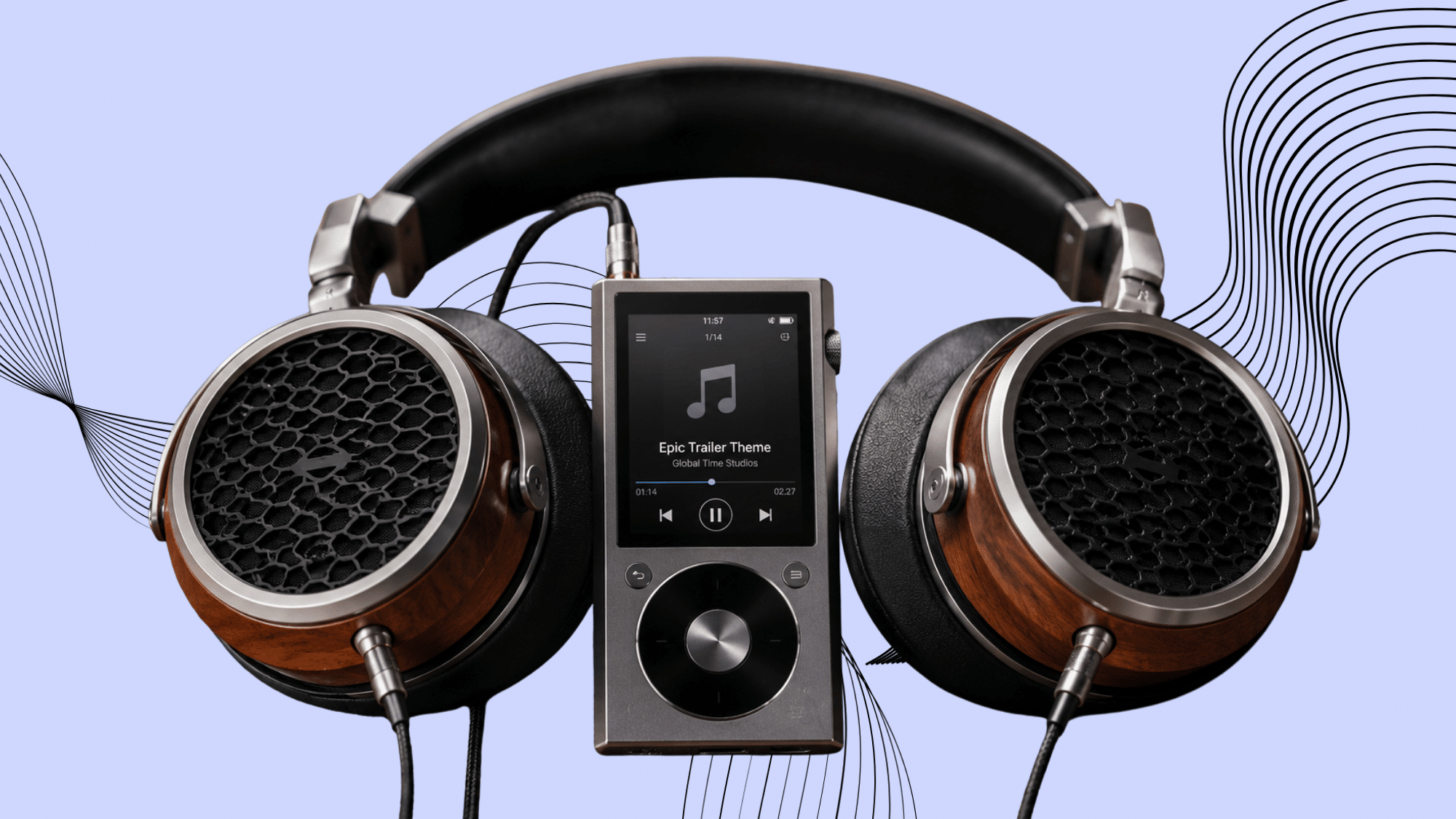 Close-up of premium audiophile headphones and a portable music player with wood accents on a clean backdrop.