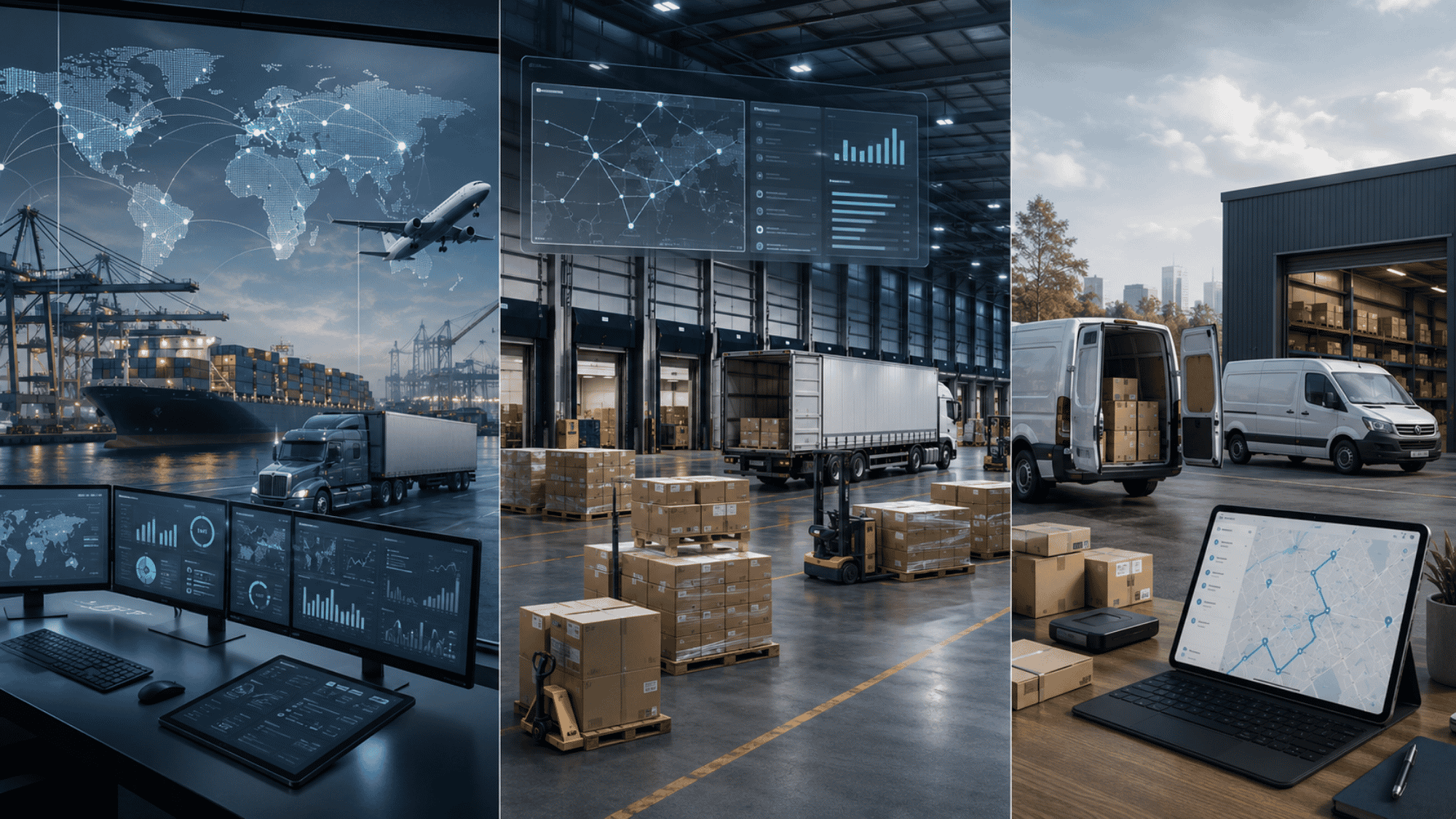 Best logistics management software shown across port, warehouse, and delivery ops