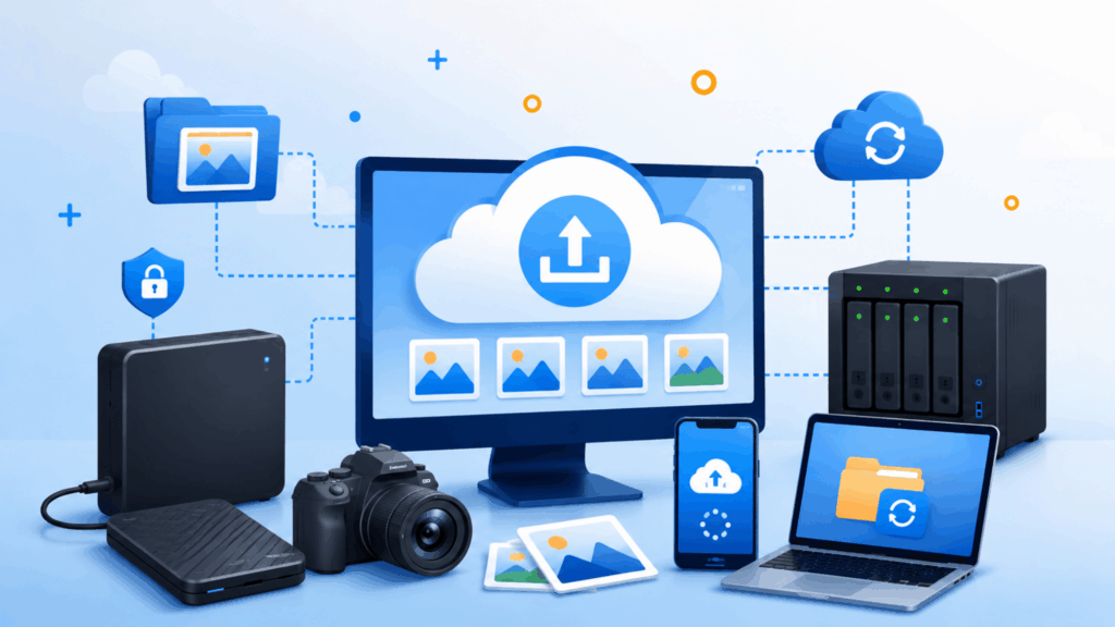 Cloud photo backup across desktop, laptop, camera, phone, NAS, and external drives with secure syncing.