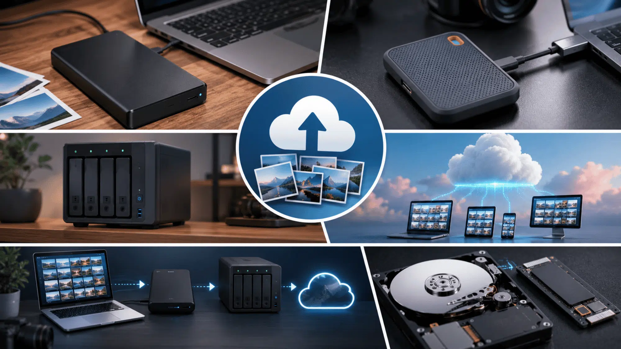 Collage of cloud backup, NAS, SSDs, external drives, and laptops for secure photo storage solutions.