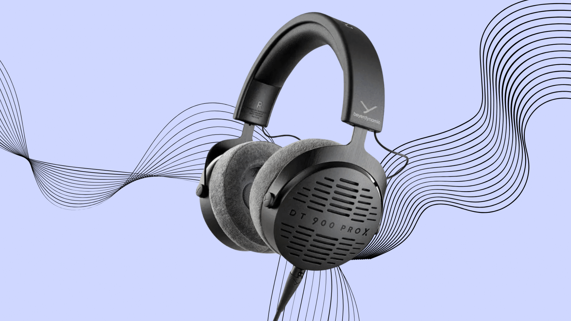Beyerdynamic DT 900 Pro X open-back studio headphones on abstract wave background for accurate audio.