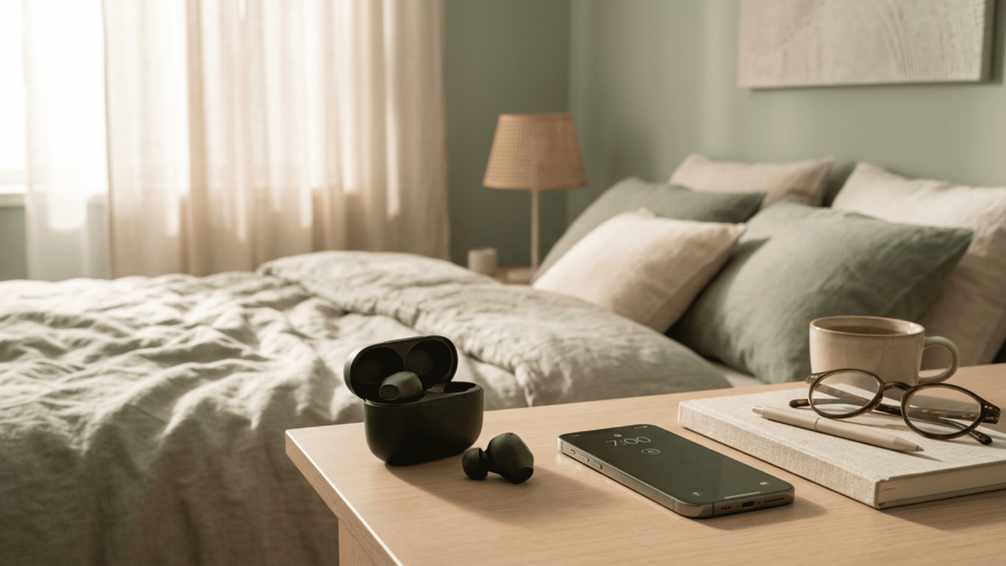 Wireless earbuds on bedside table beside phone, glasses, and tea
