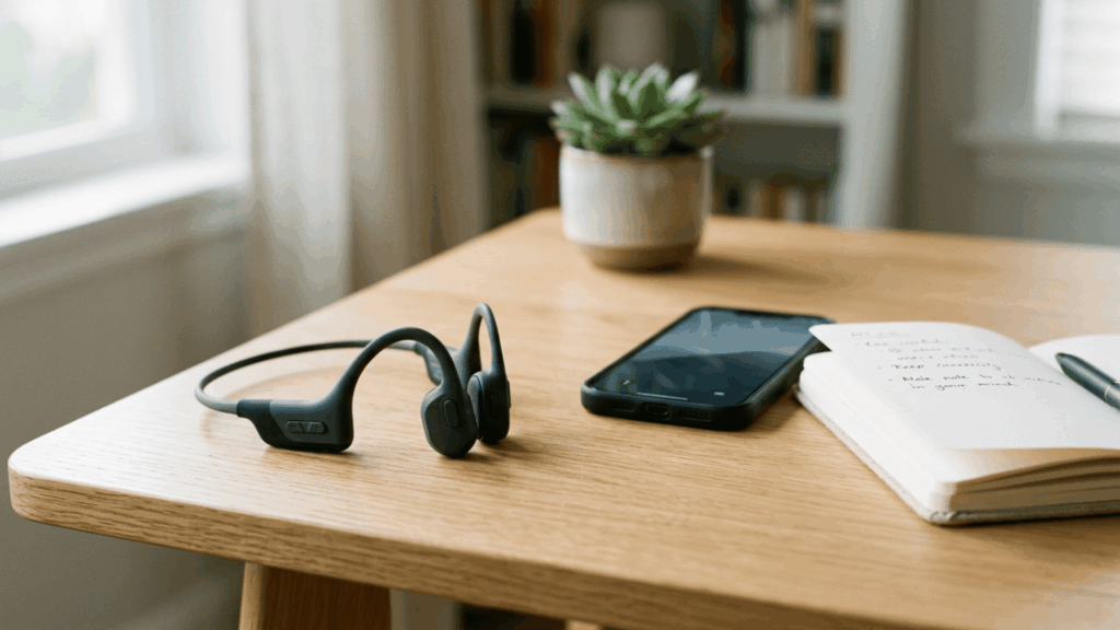 Bone conduction headphones resting on a wooden desk beside a phone and an open notebook.