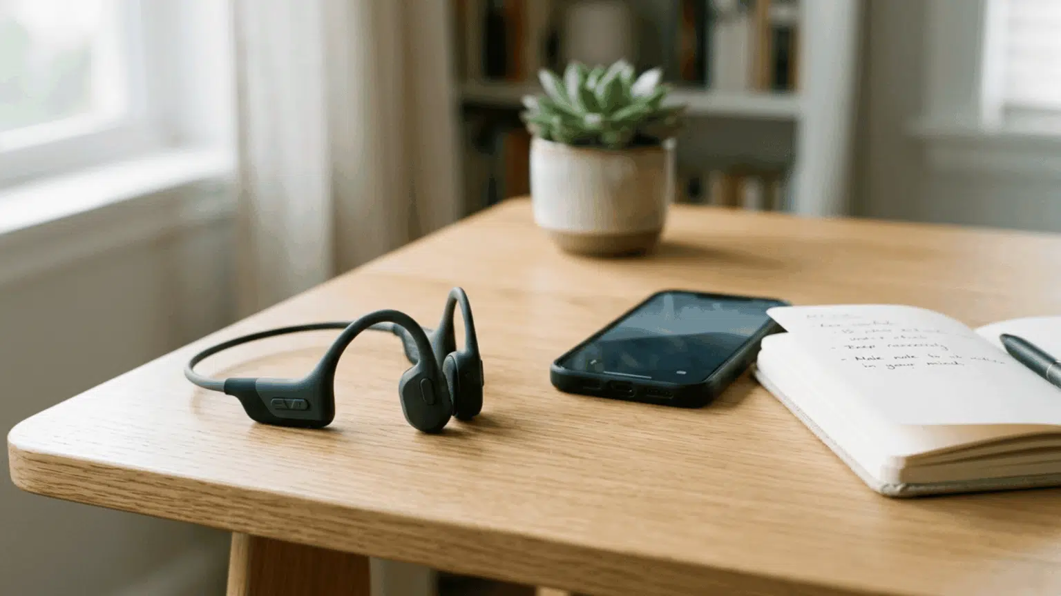 Bone conduction headphones resting on a wooden desk beside a phone and an open notebook.