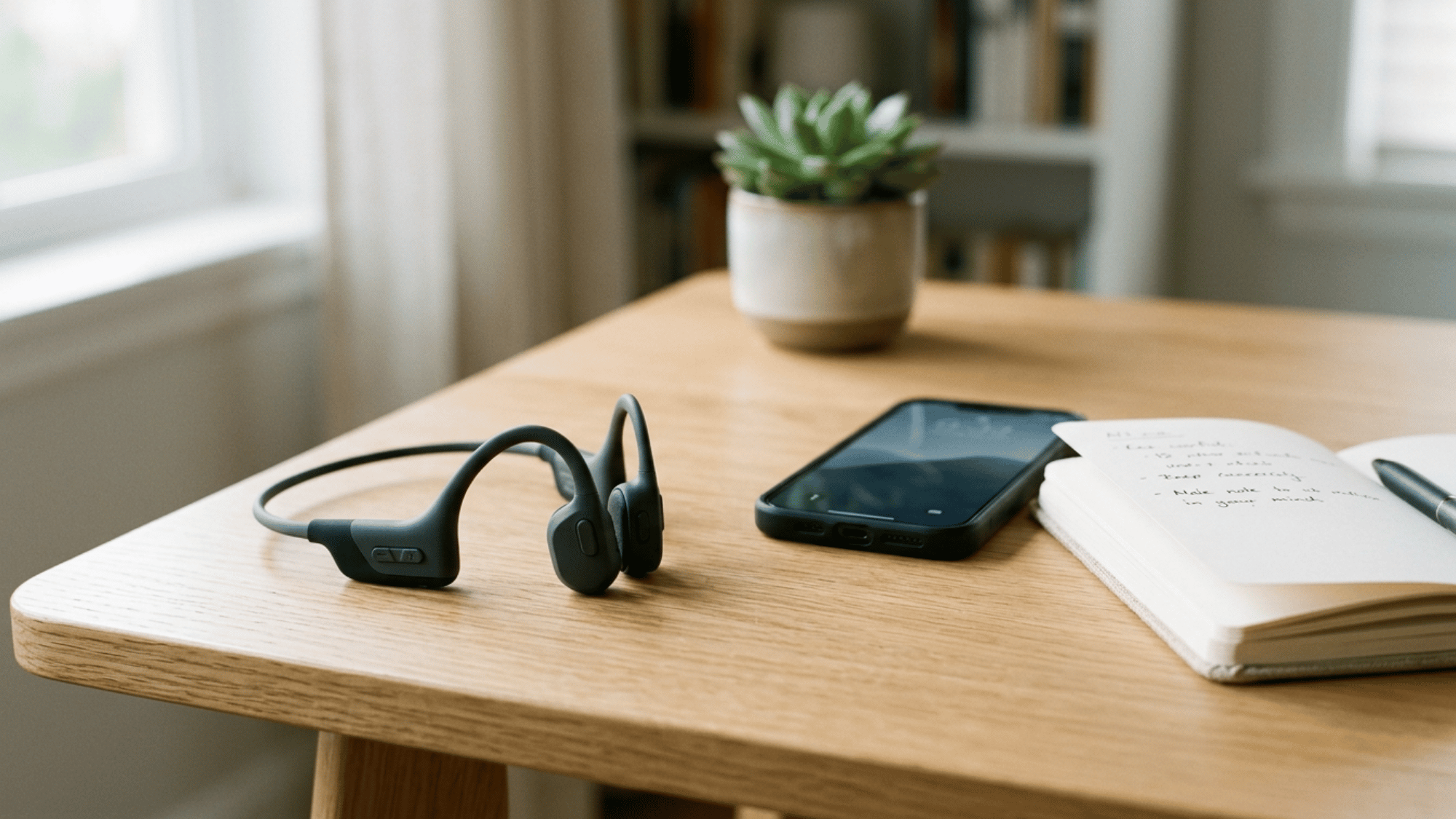 Bone conduction headphones resting on a wooden desk beside a phone and an open notebook.