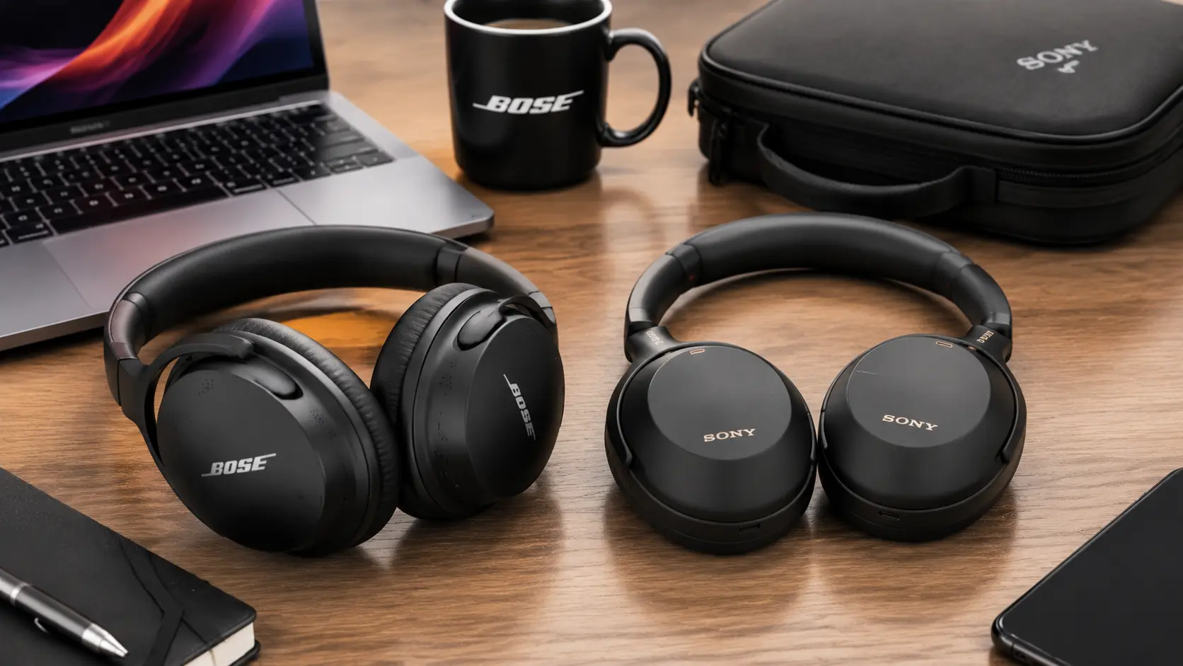 bose and sony headphones with brand names displayed on a modern desk setup
