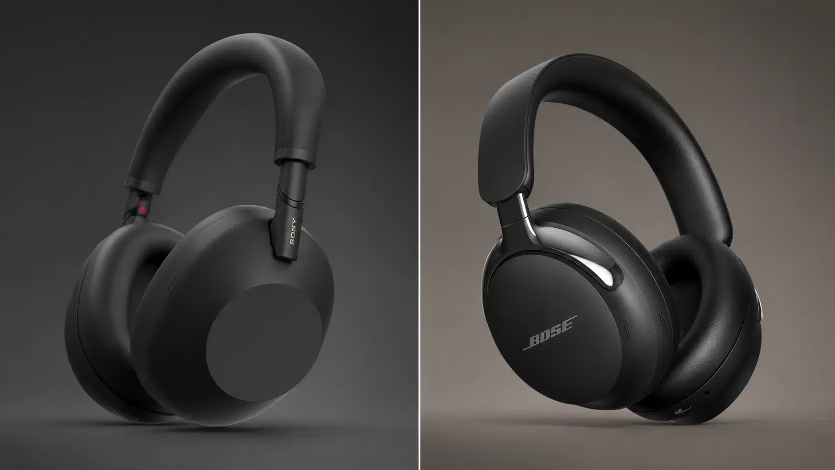 bose quietcomfort ultra and sony wh 1000xm6 headphones shown in a split screen comparison