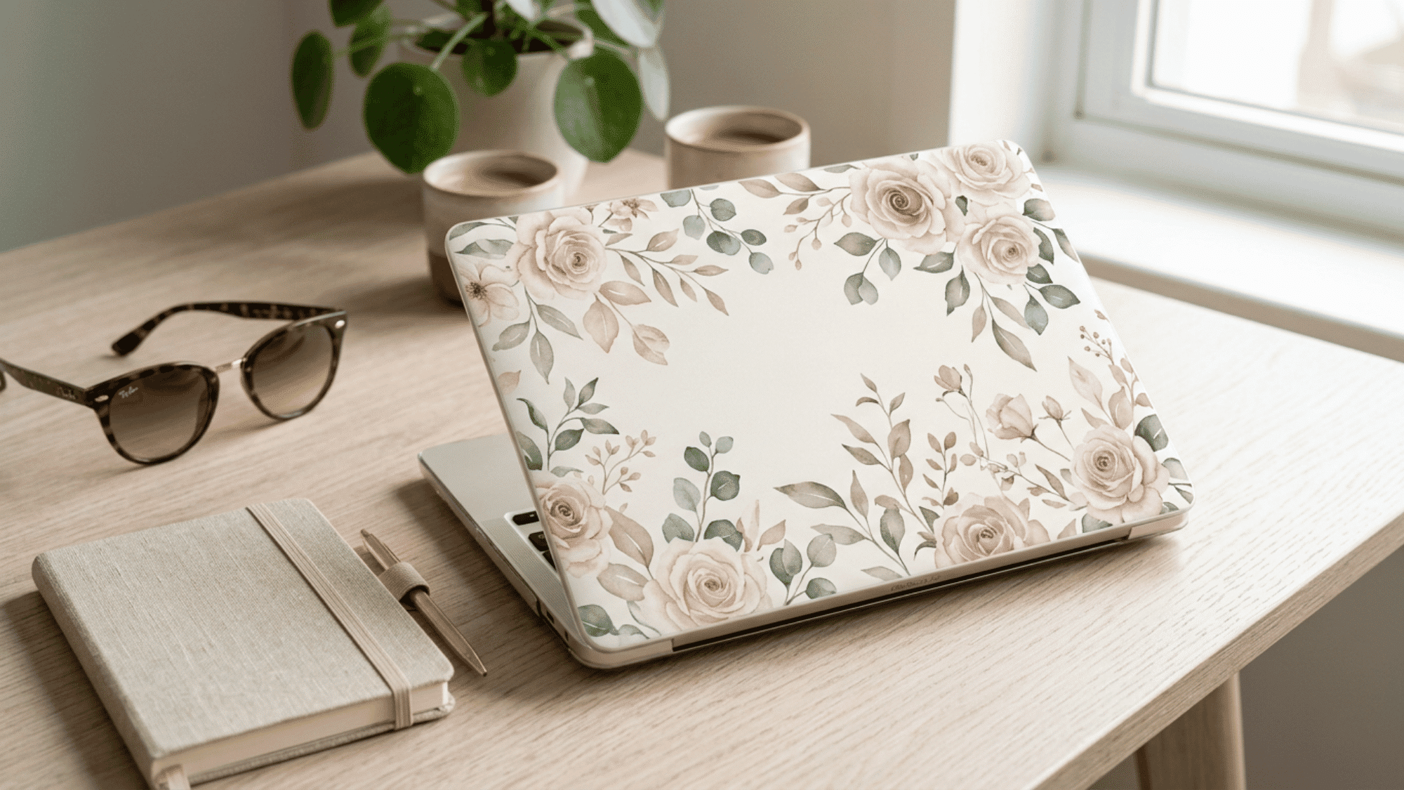 BURGA floral printed hard-shell case on MacBook Air M2 on light wood desk
