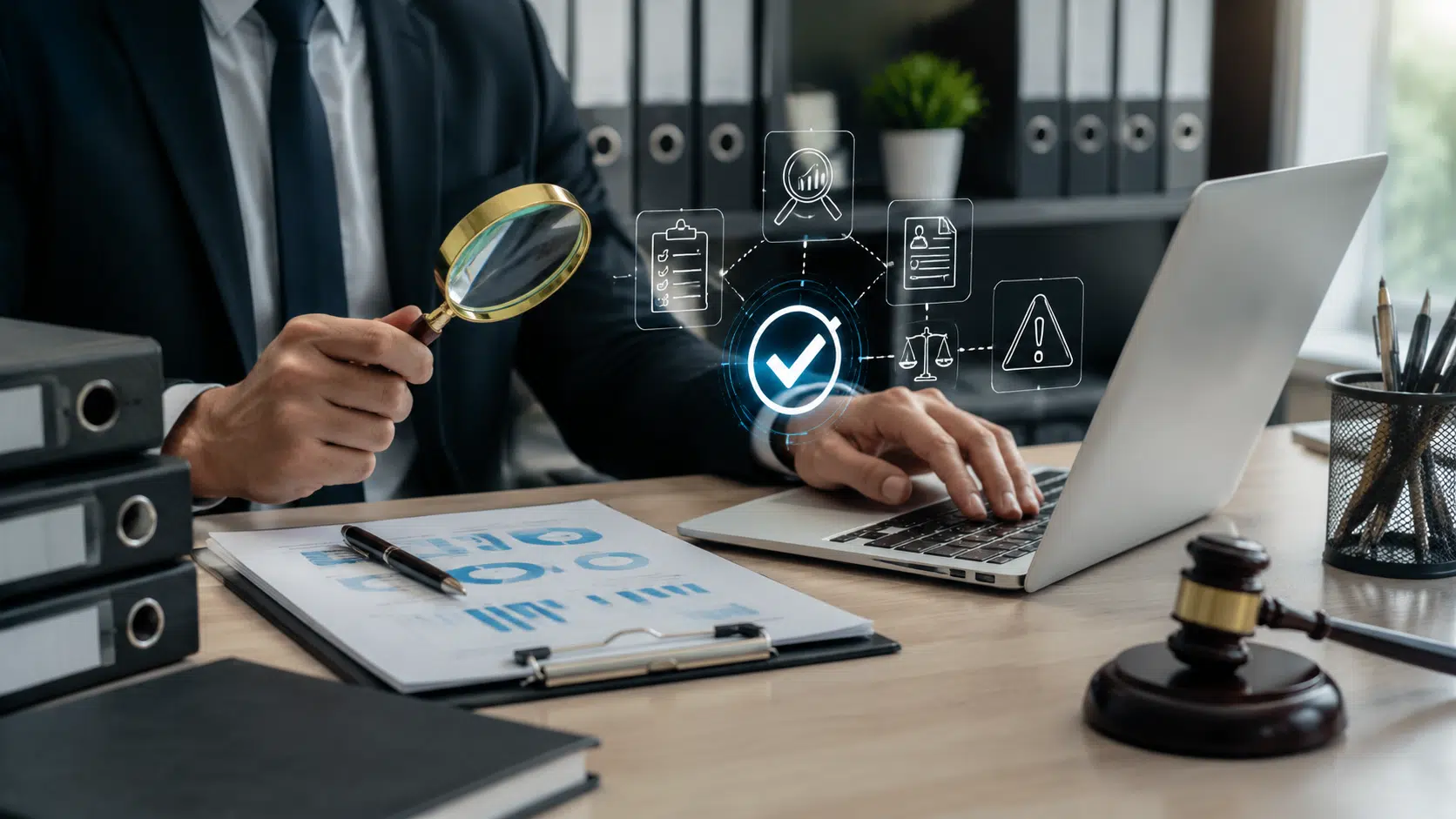 business professional reviewing audit documents with laptop magnifying glass and compliance verification icons in office