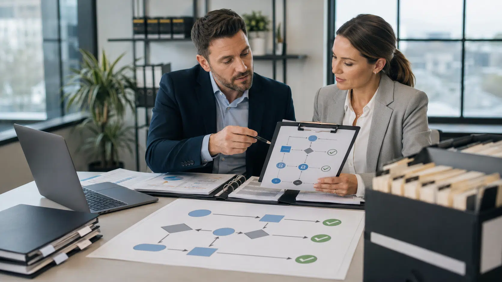 business professionals reviewing compliance documents and workflow charts in a modern office setting without text