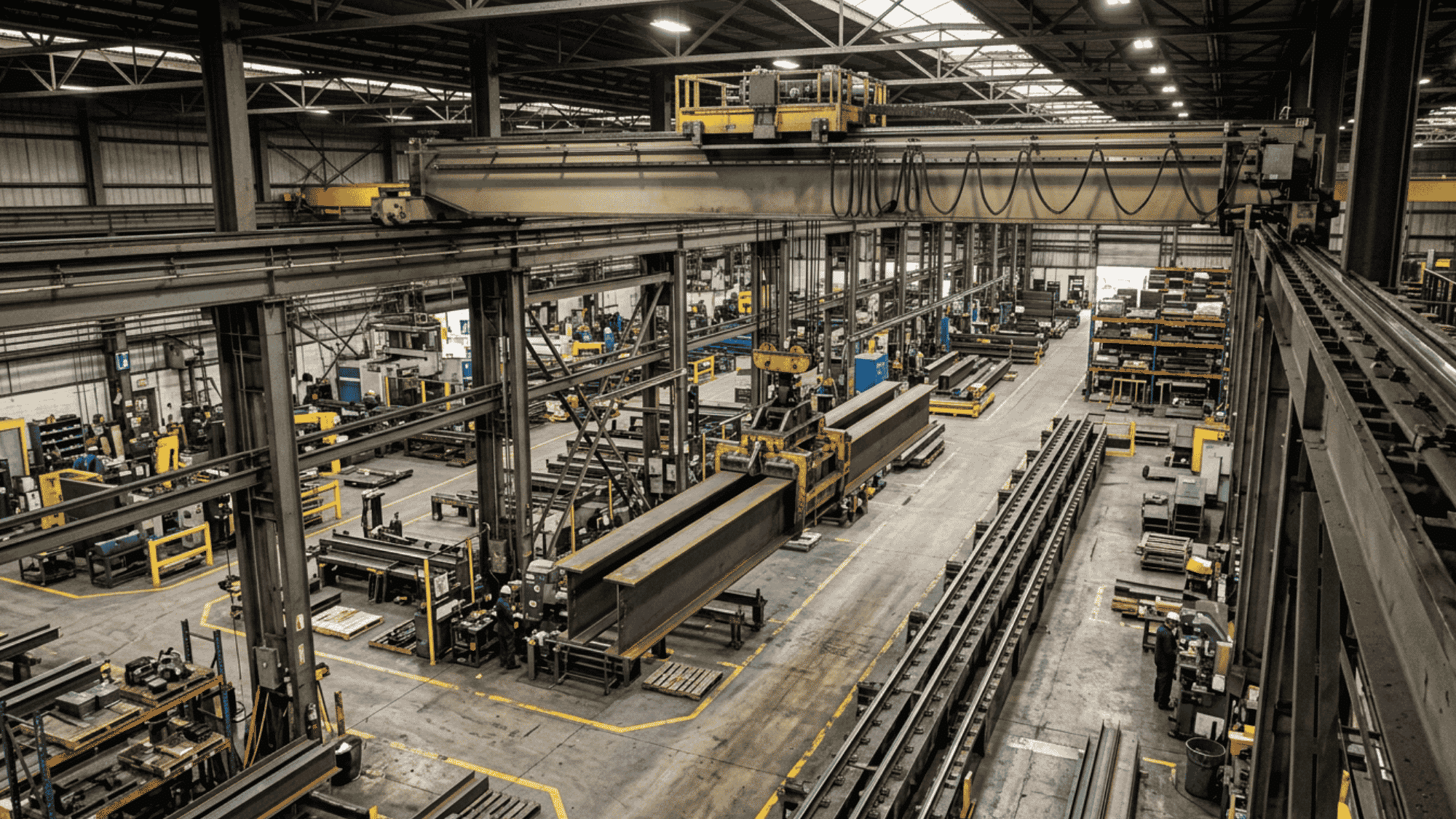 An overhead gantry robot moving heavy steel components across a wide industrial warehouse floor