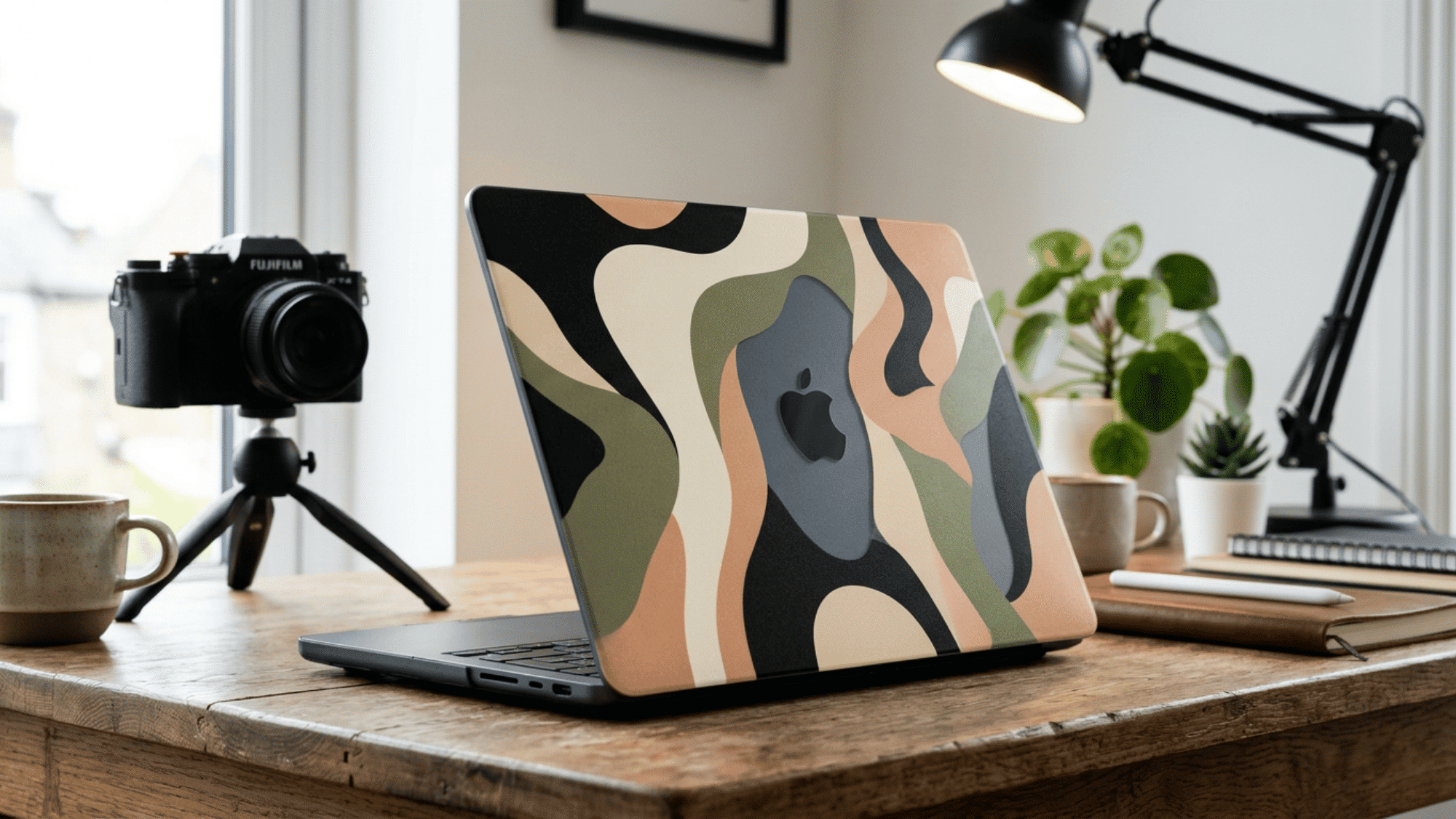 CASETiFY abstract camo print hard-shell case on MacBook Air M2 on desk