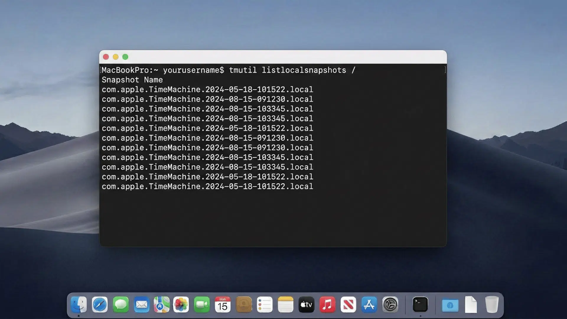 Terminal showing Time Machine snapshot command