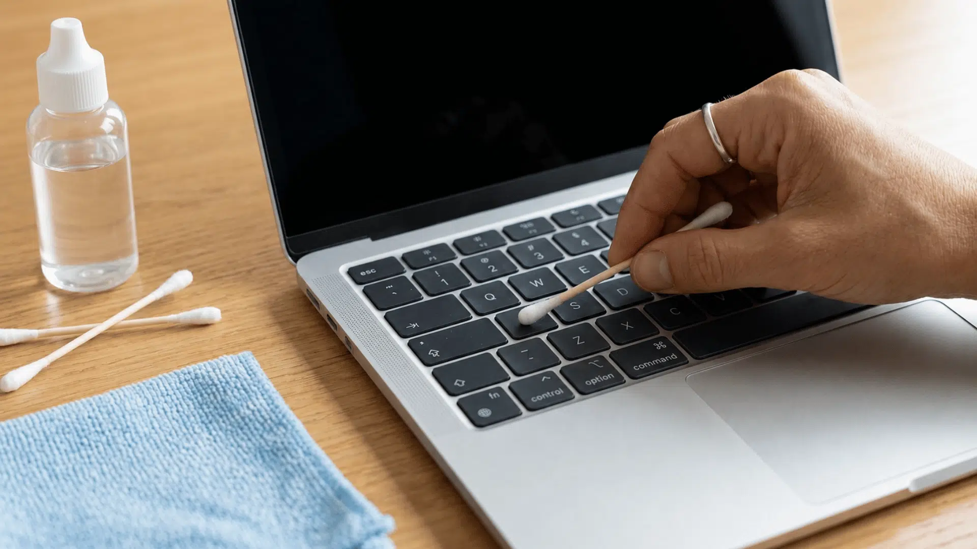 Cotton swab cleaning sticky residue around a MacBook key