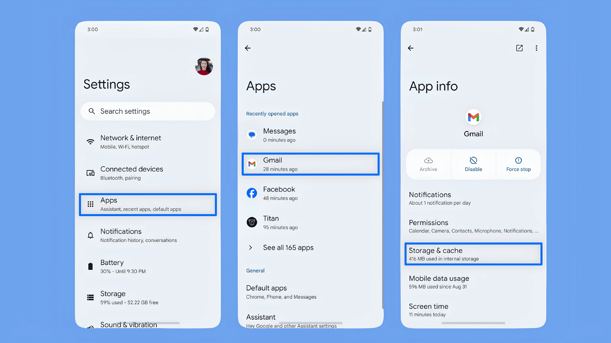 Android app settings screen showing storage and cache options.