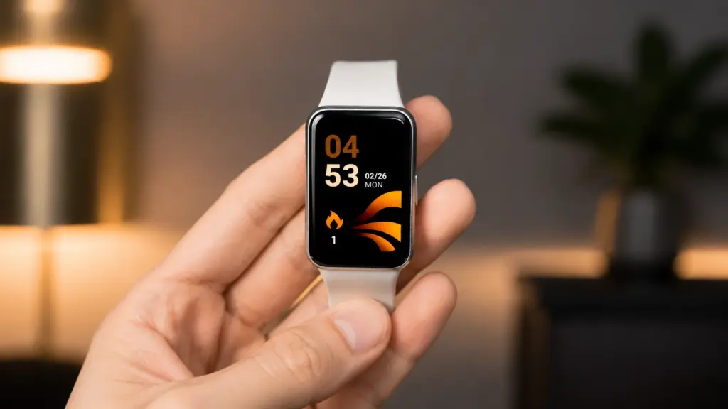 close-up of a smartwatch held in hand showing digital display and white band with blurred background
