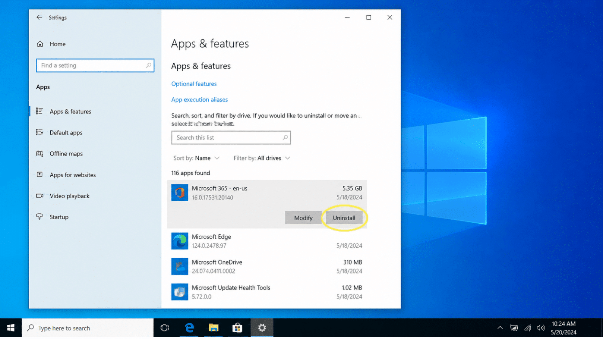Windows Apps & Features settings panel with the Uninstall button highlighted for removing unused programs.