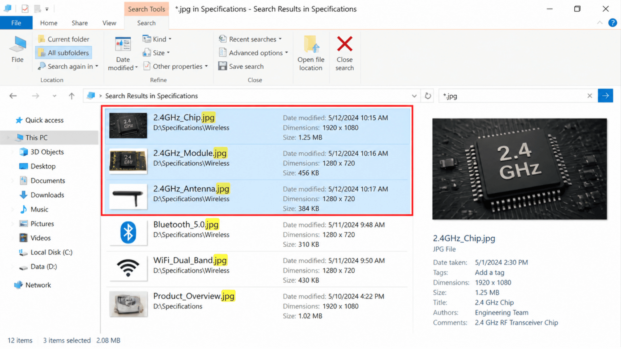 File Explorer search results showing all JPG files across folders