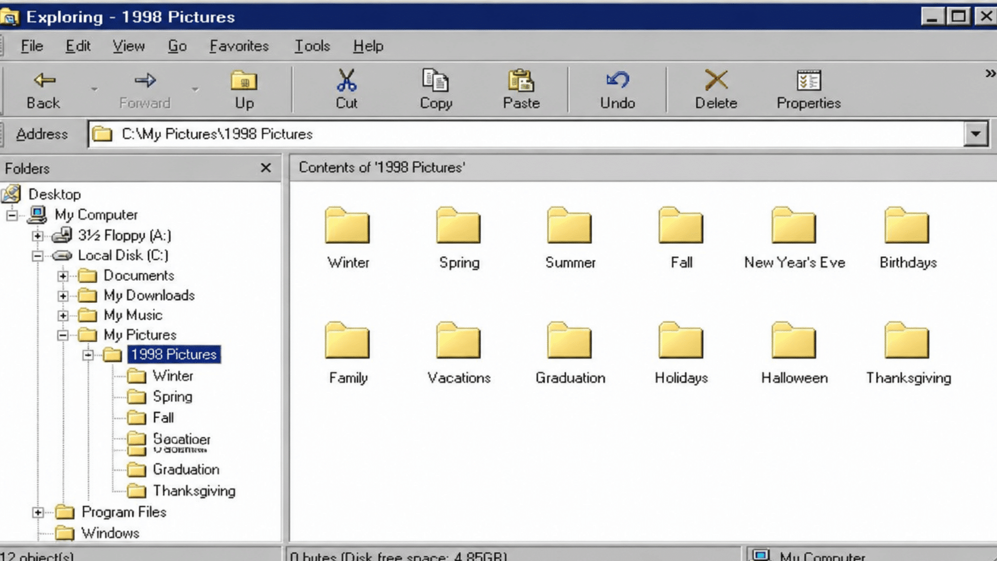 Windows folder view showing photos organized by year and event