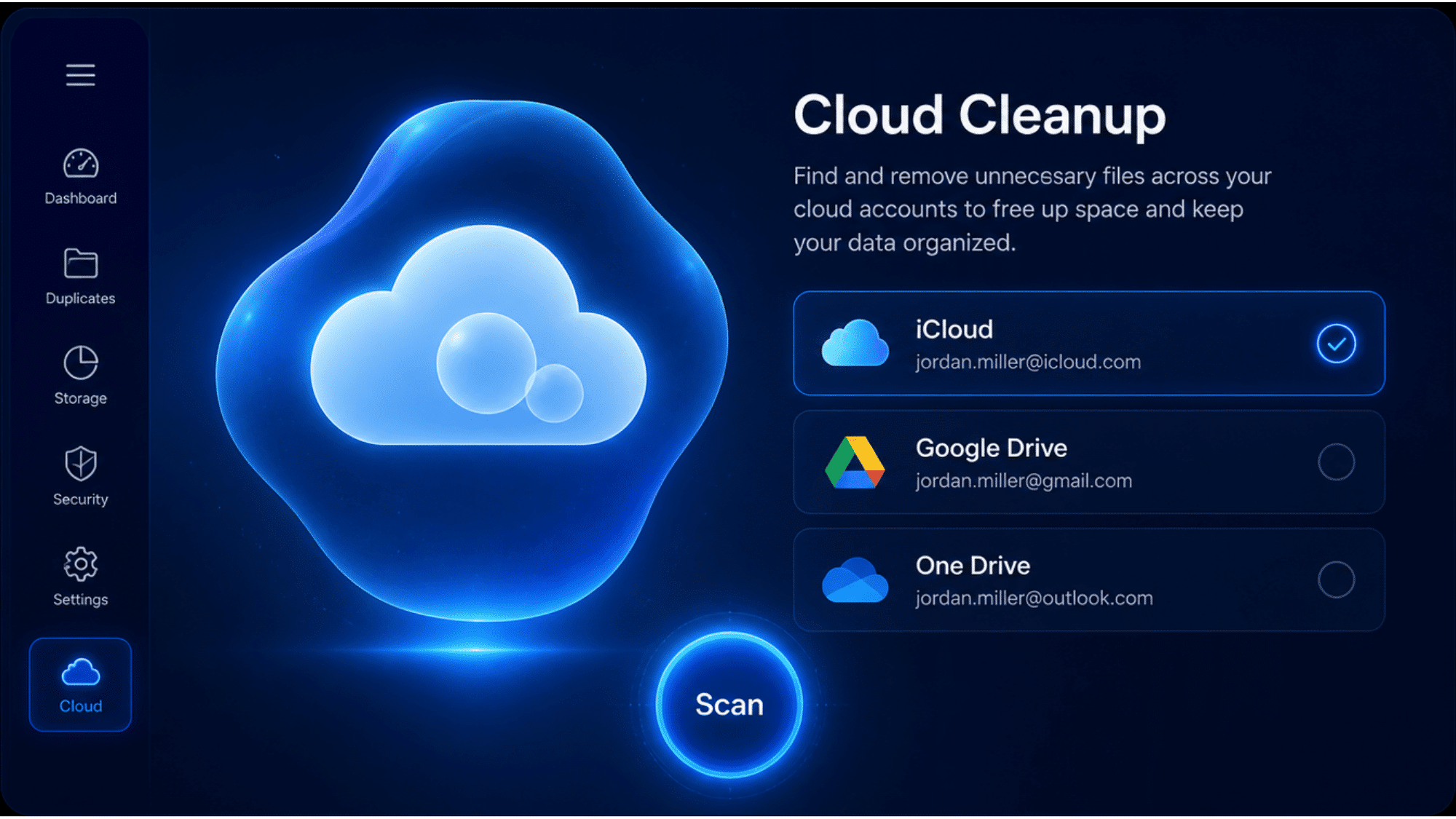 Cloud Cleanup app interface showing iCloud selected with Google Drive and OneDrive options and a Scan button.