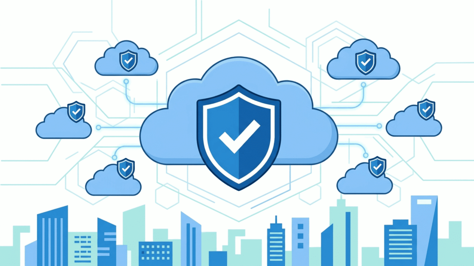 Secure cloud network with shield icons above a city skyline