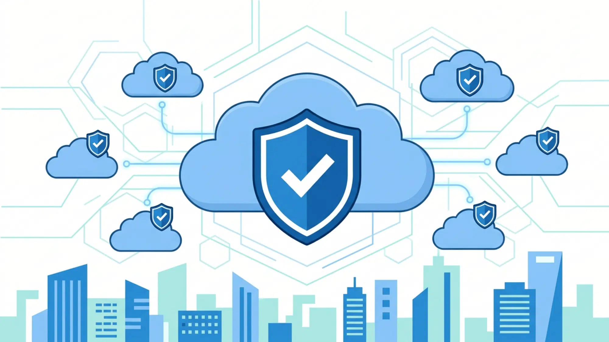 Secure cloud network with shield icons above a city skyline
