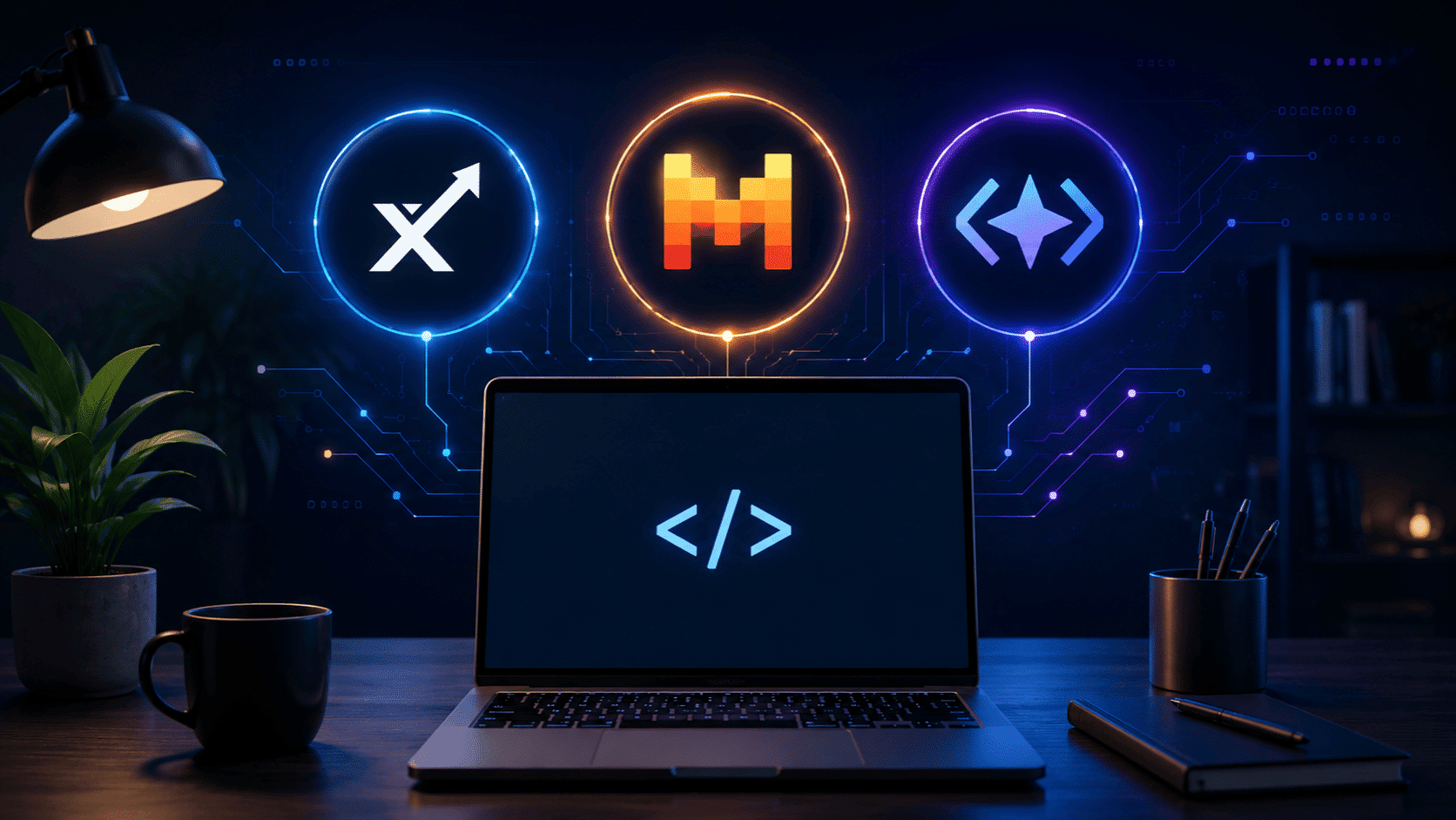 Futuristic coding workspace with AI model icons, laptop, neon circuits, desk lamp, plant, and notebook setup.