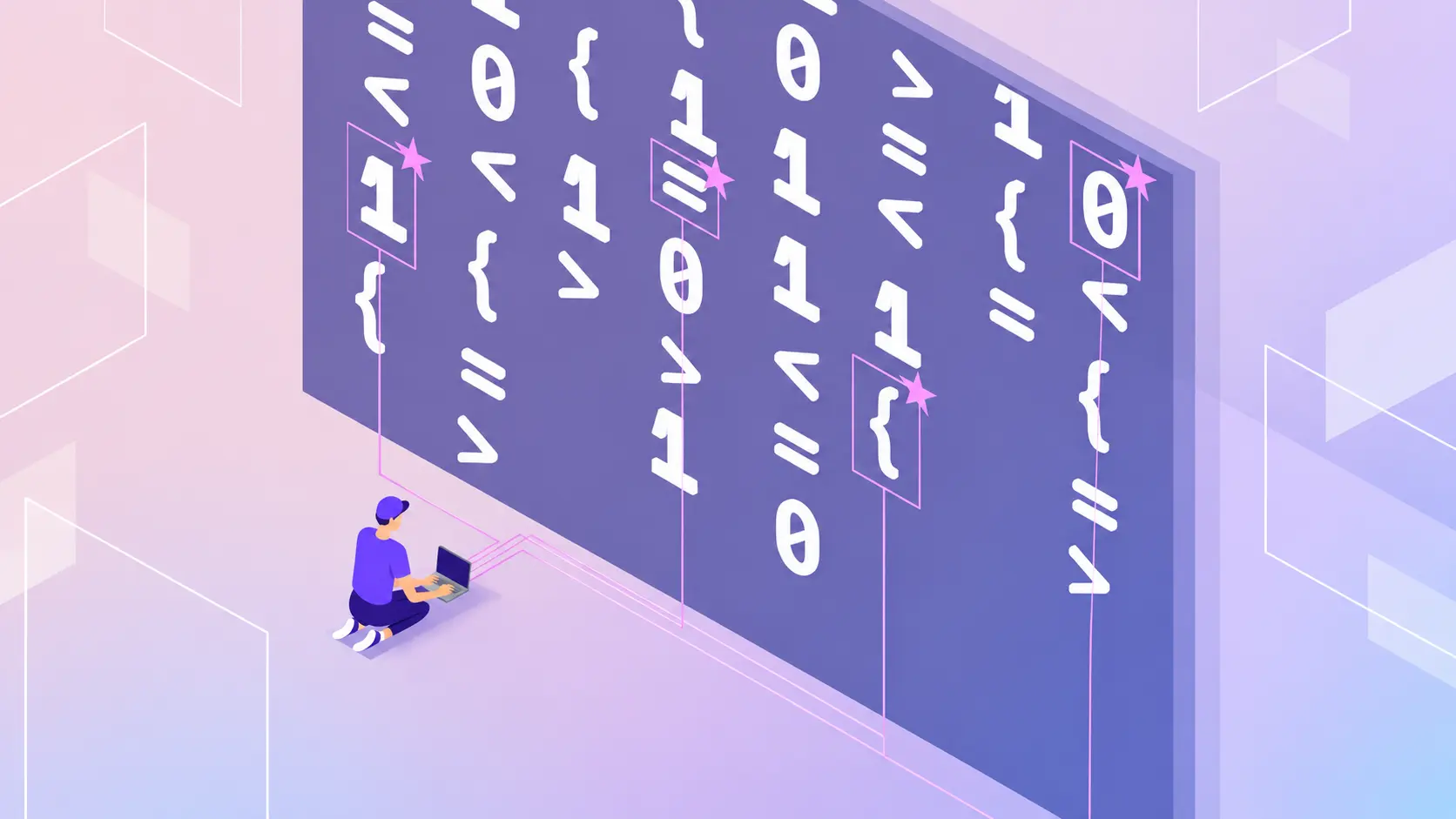 coding symbols on a purple tech background with developer working on laptop illustration