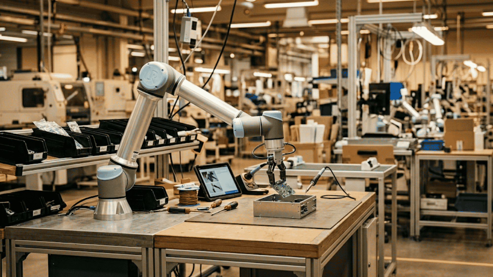 A cobot working alongside a human worker at a shared assembly station without safety caging