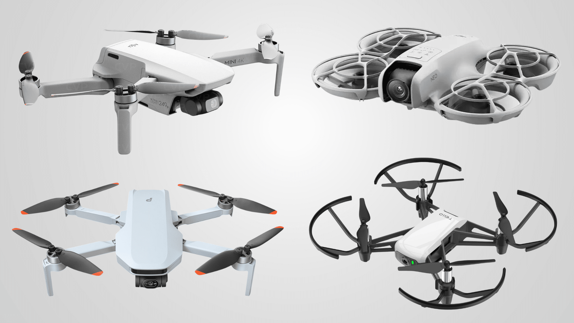 Collage of four different white and gray drones on a light gray background
