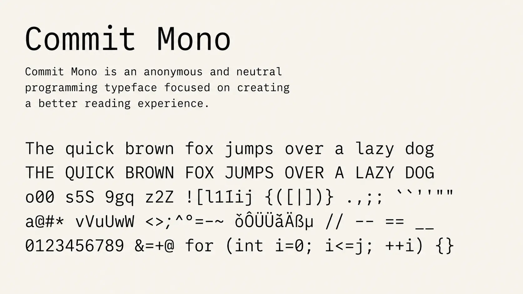 commit mono font sample showing programming font characters and monospace styles
