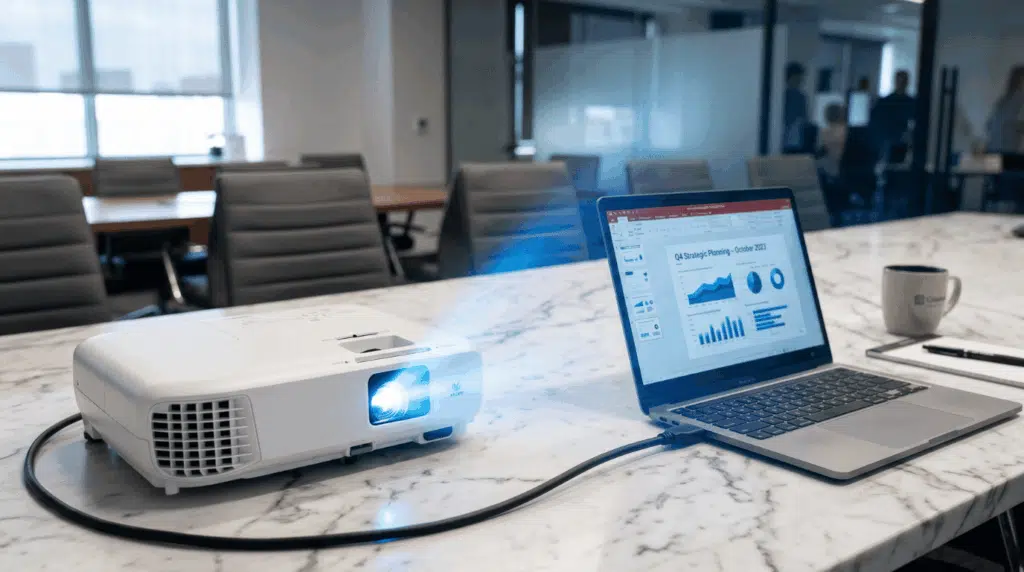 A MacBook connected to a white projector via an HDMI cable on a marble conference room table, with the laptop screen displaying a strategic planning presentation and the projector lamp actively projecting in a corporate meeting room setting.