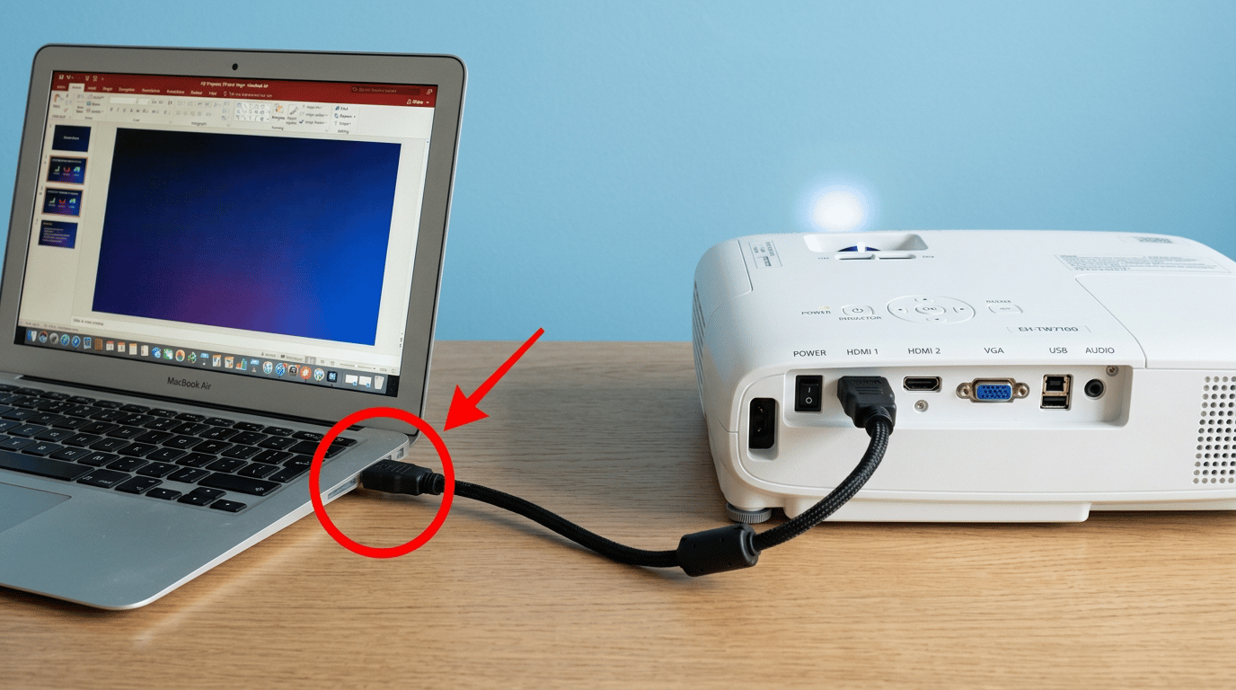 A MacBook Air connected to a white projector via an HDMI cable, with the projector's input ports — HDMI 1, HDMI 2, VGA, USB, and Audio — clearly visible on the back panel.