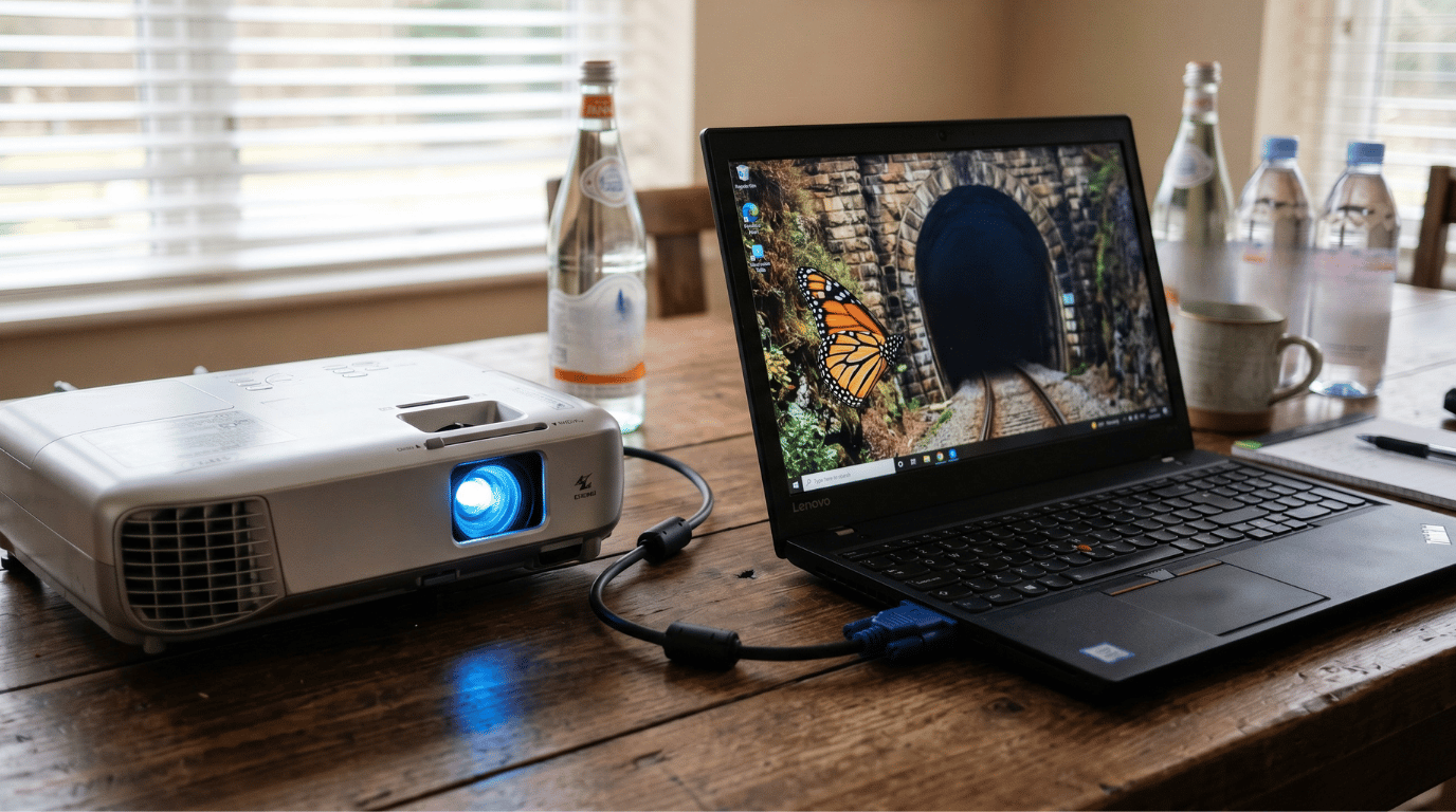 A laptop connected to an projector via a blue VGA cable on a wooden desk, with the projector lamp glowing and the laptop screen displaying a butterfly wallpaper on Windows.