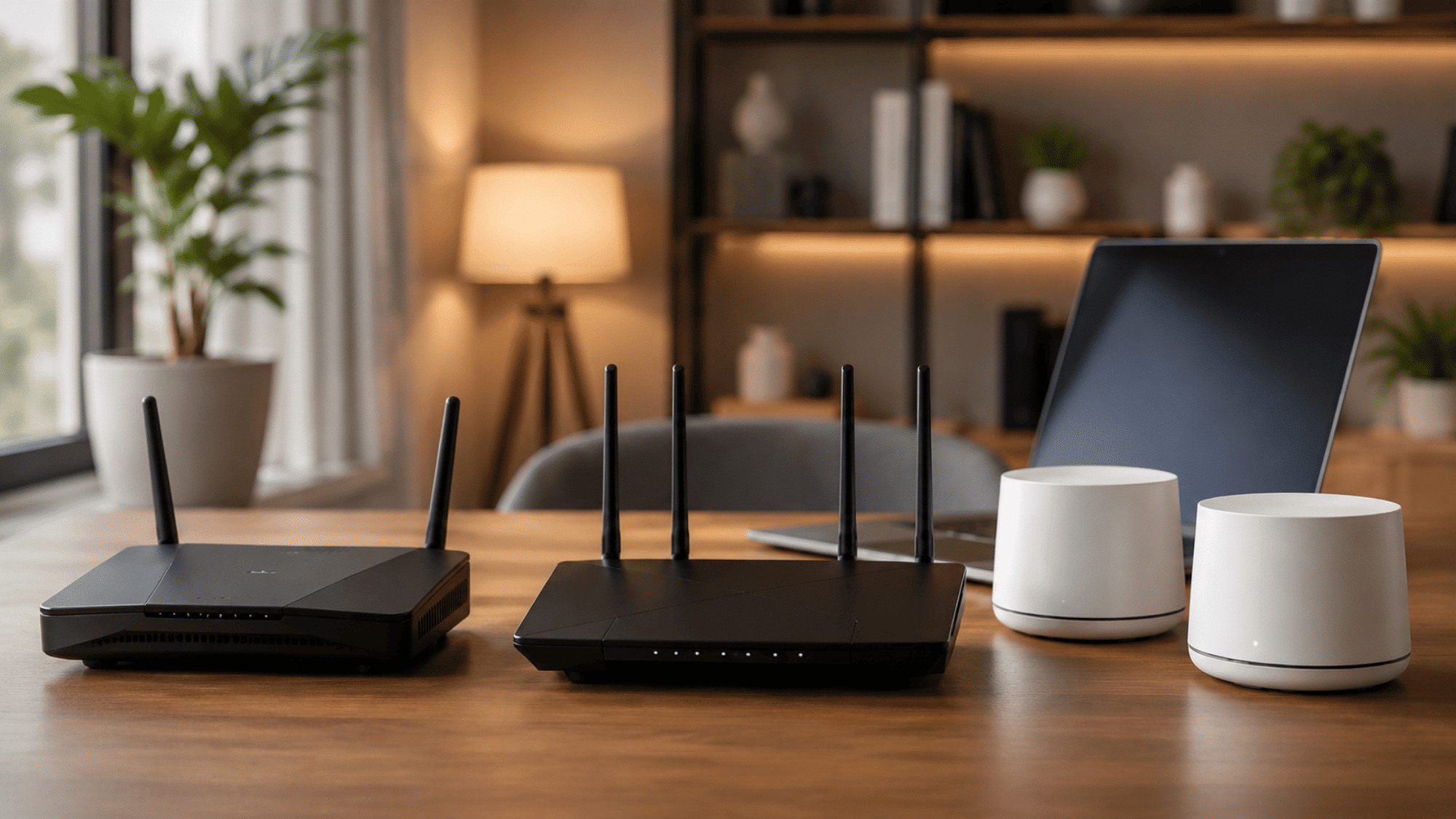 Multiple WiFi routers and mesh units on a modern home office desk
