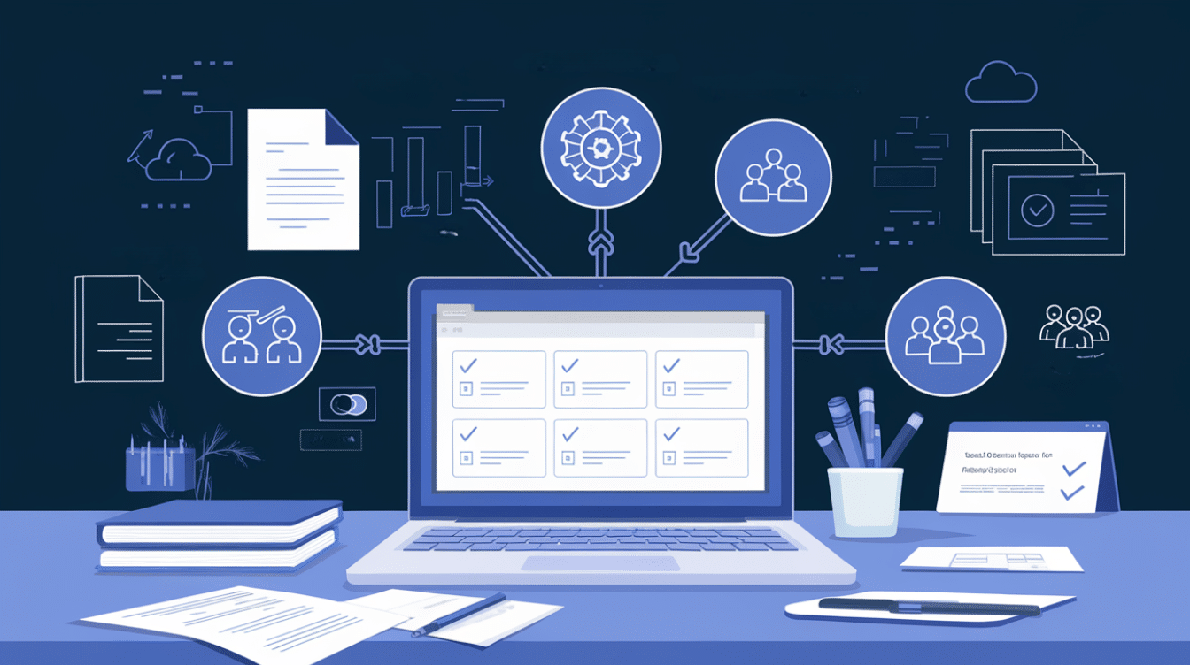 contract lifecycle management software selection showing laptop dashboard workflow connections team users and document approvals