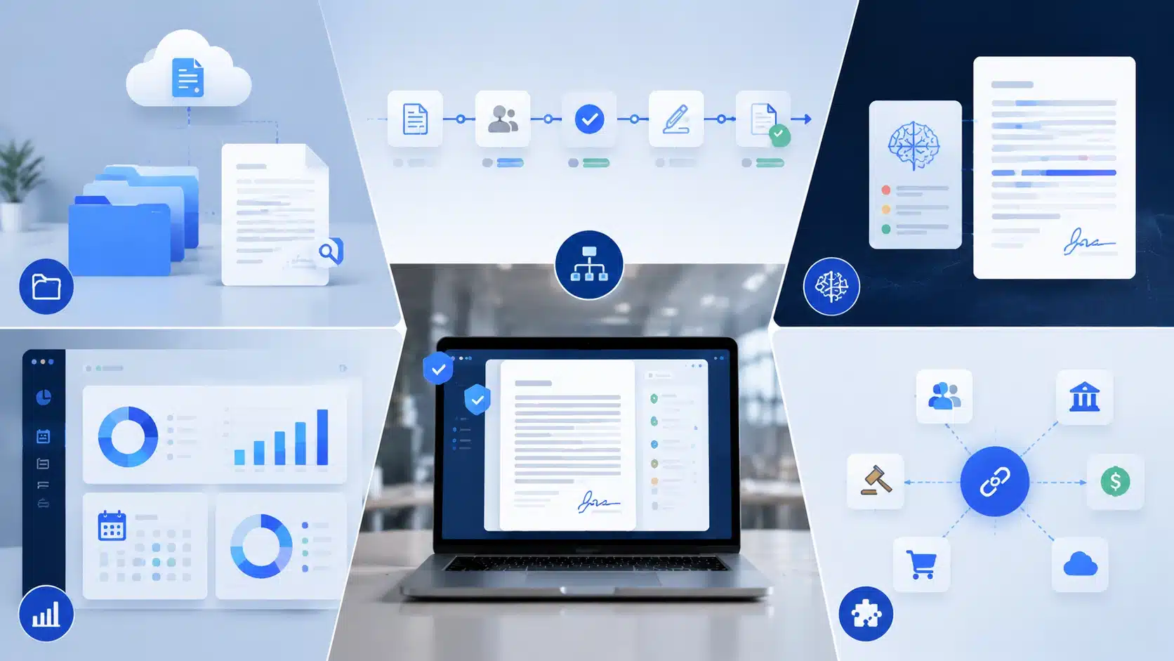contract lifecycle management software showing digital documents workflow approvals ai review analytics and system integrations