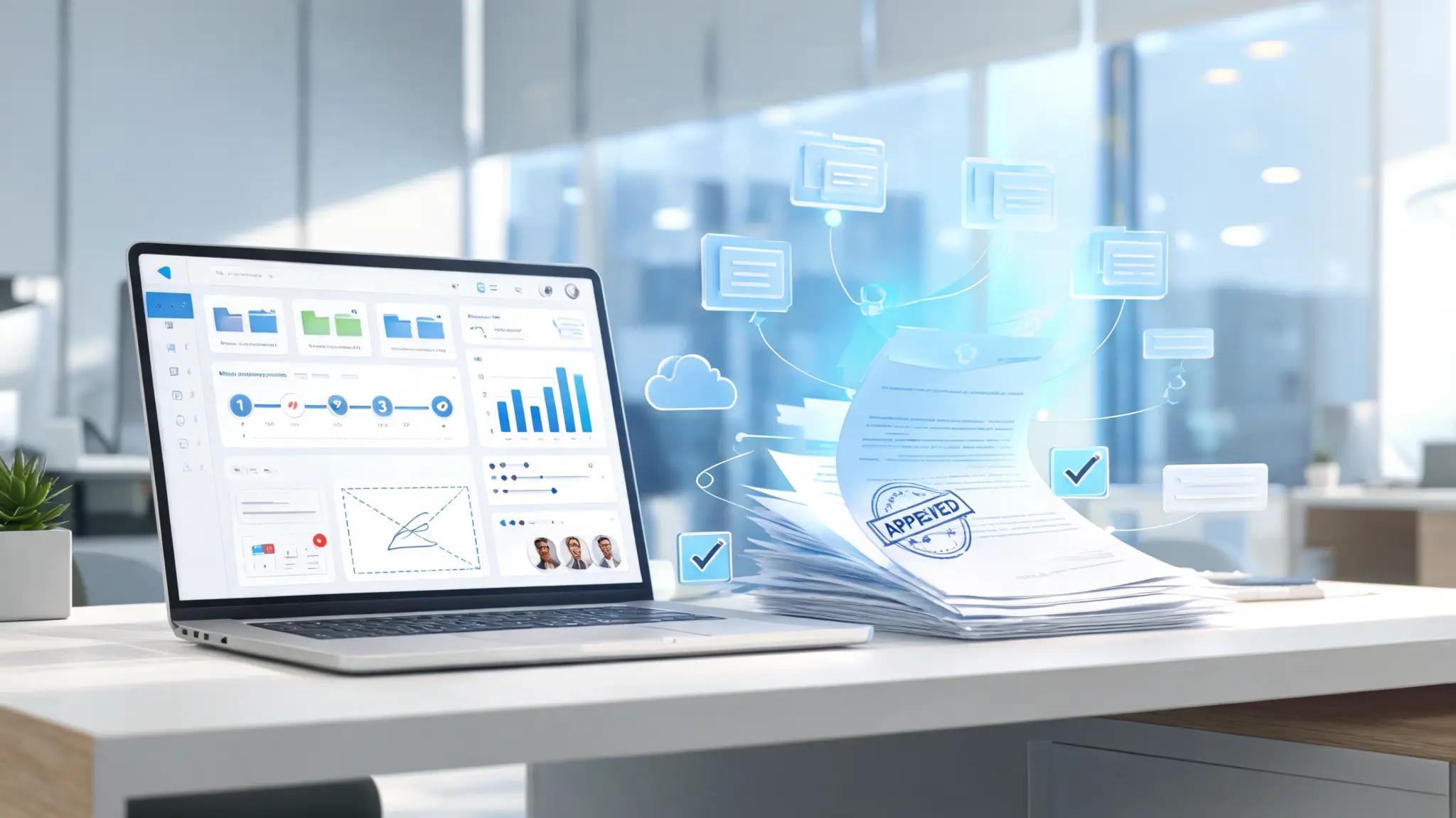 contract management software dashboard on laptop with digital documents folders approval workflow and electronic signature icons