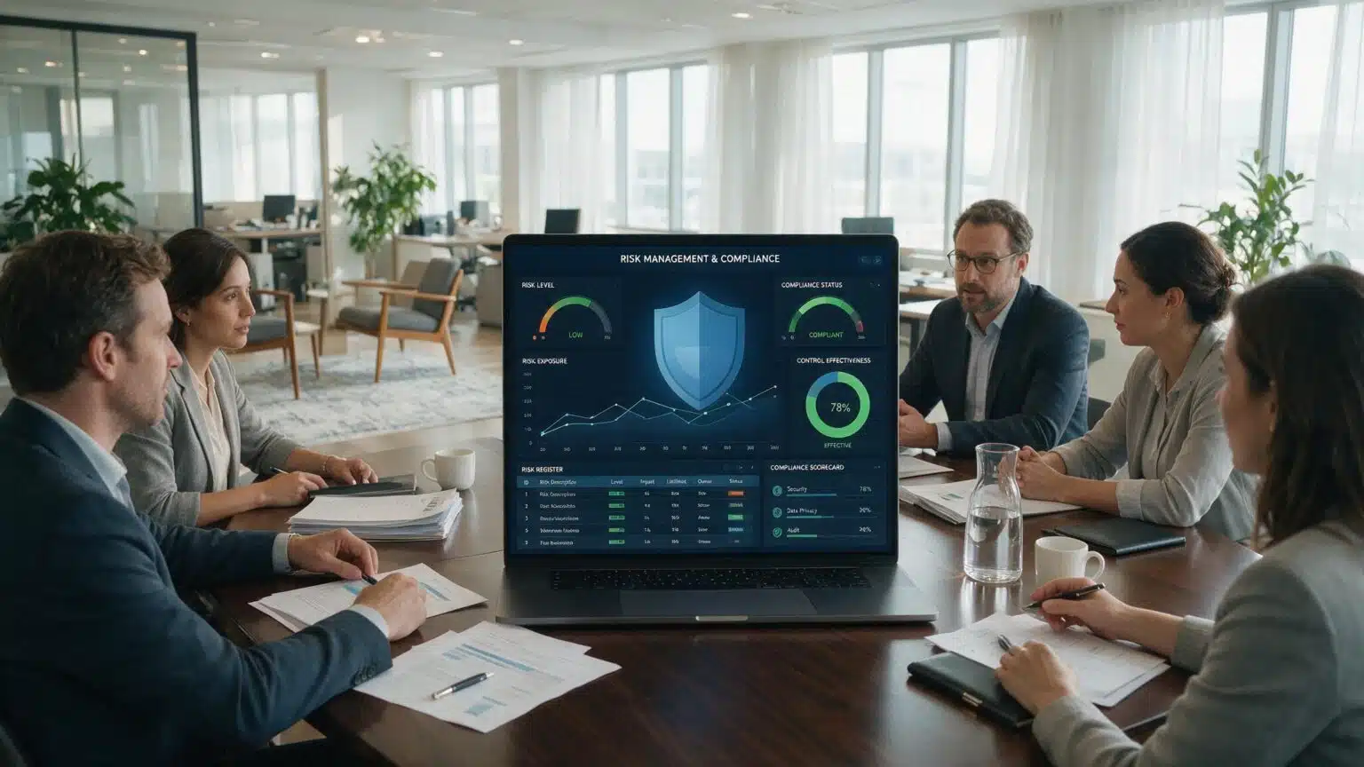 corporate team reviewing compliance documents and security policies in a modern office setting for business governance and risk management