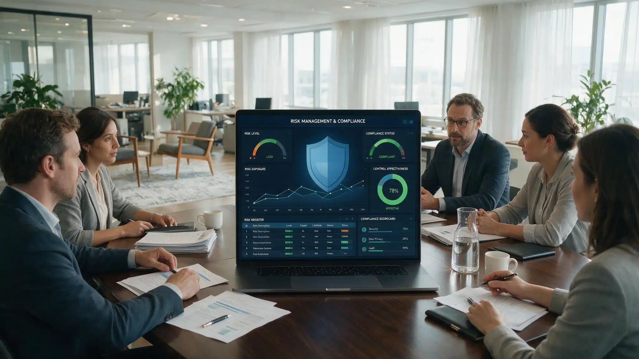 corporate team reviewing compliance documents and security policies in a modern office setting for business governance and risk management