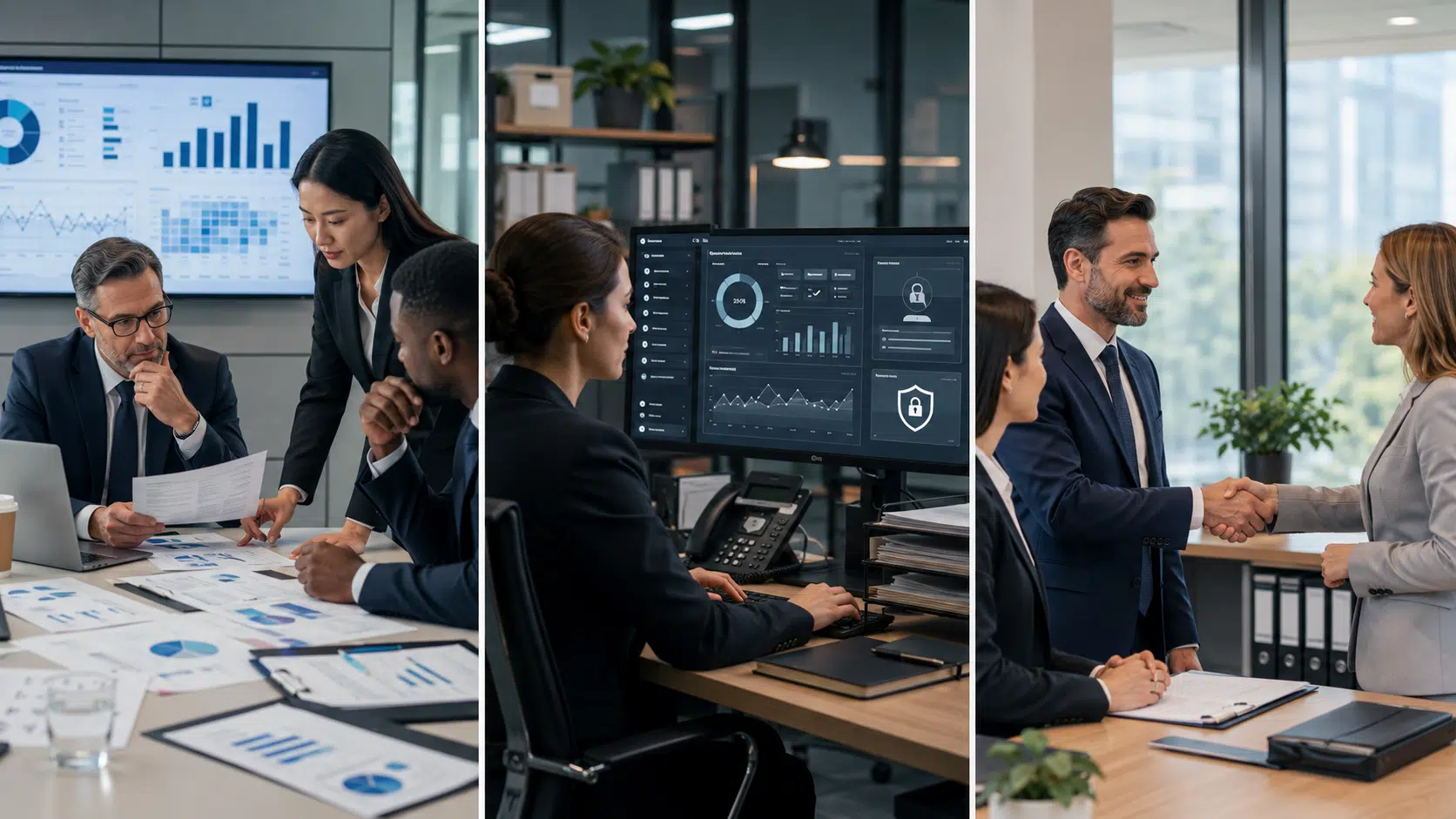 corporate teams conducting risk assessment monitoring reports and reviewing third party business relationships in office