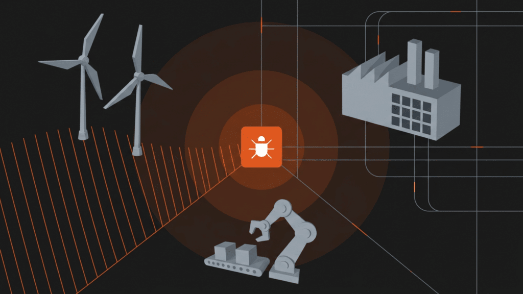 Cybersecurity concept showing connected industrial systems with a factory, wind turbines, and robotic arm