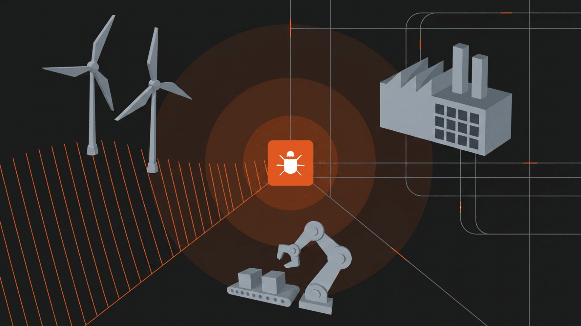 Cybersecurity concept showing connected industrial systems with a factory, wind turbines, and robotic arm