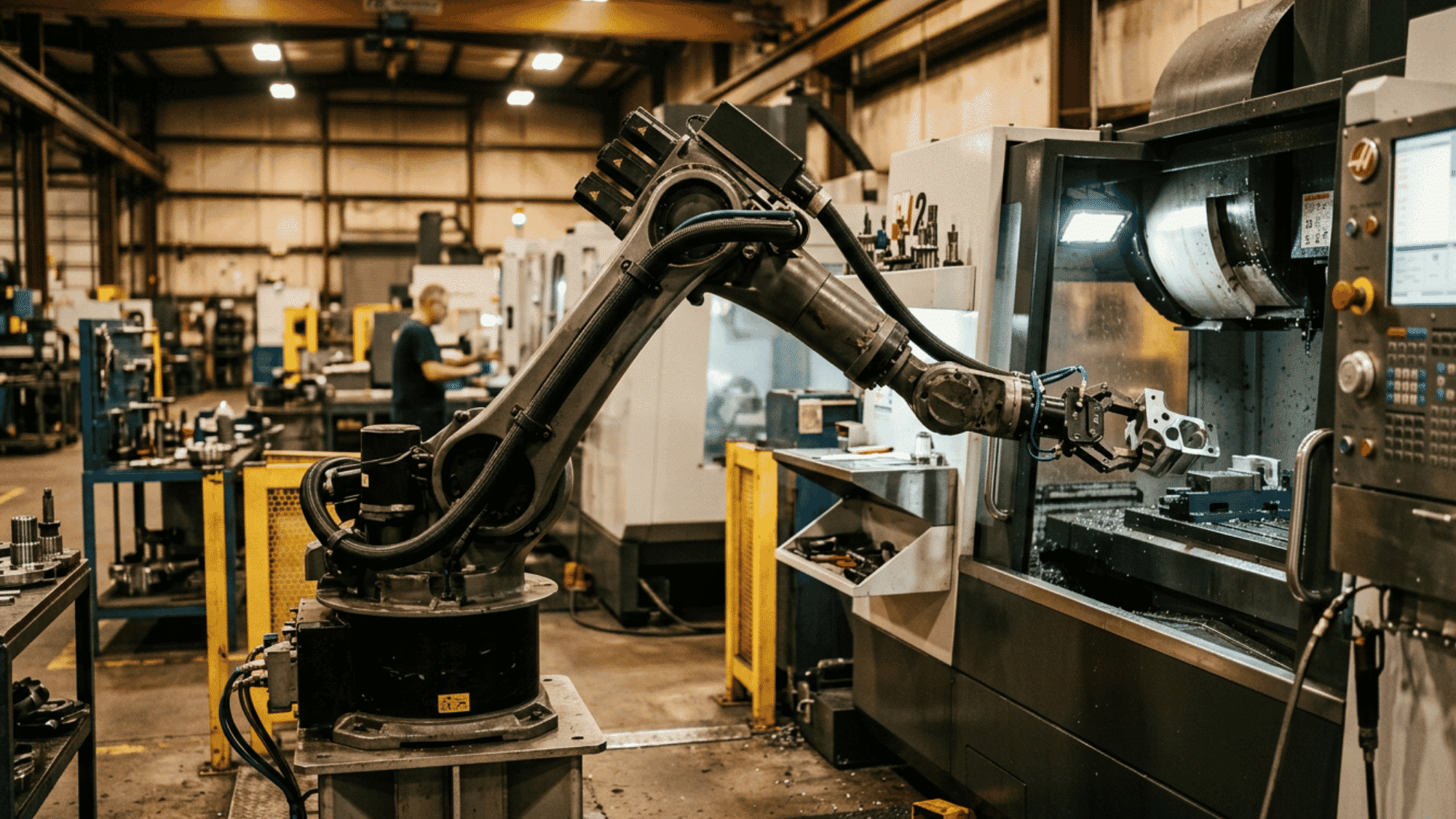 A cylindrical robot arm extending to load metal parts into a CNC machine on a factory floor